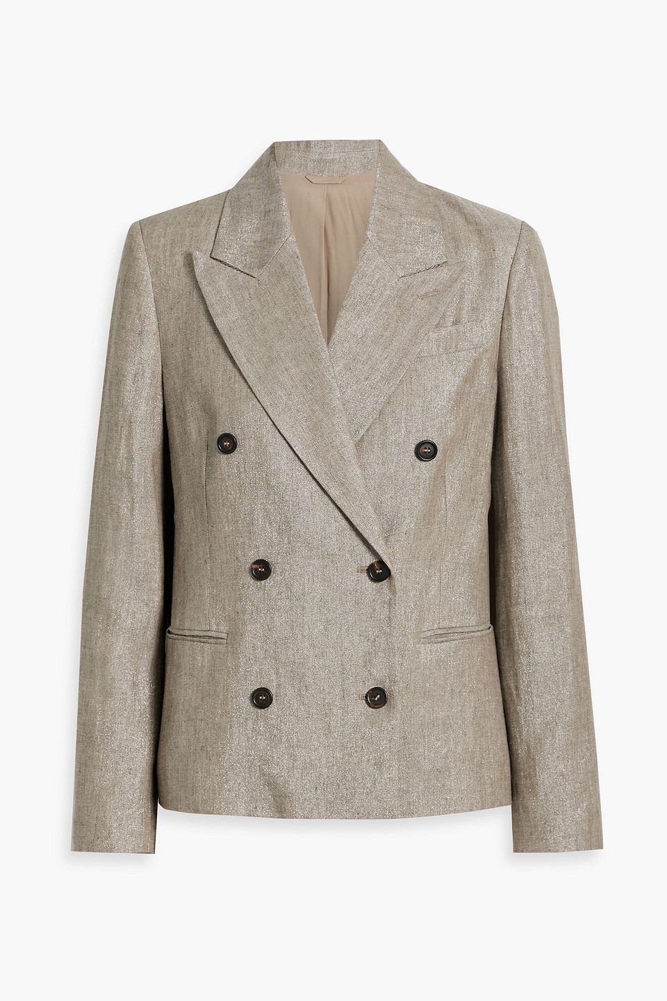 Brunello Cucinelli Double-breasted Metallic Linen-blend Twill Blazer In Mushroom