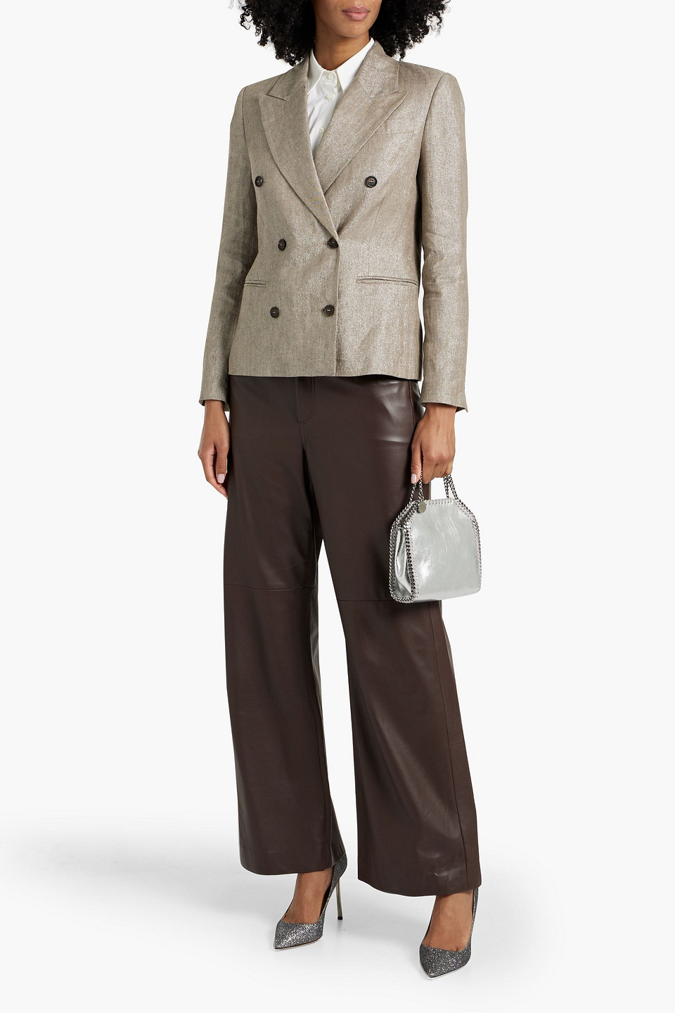 BRUNELLO CUCINELLI DOUBLE-BREASTED METALLIC LINEN-BLEND TWILL BLAZER
