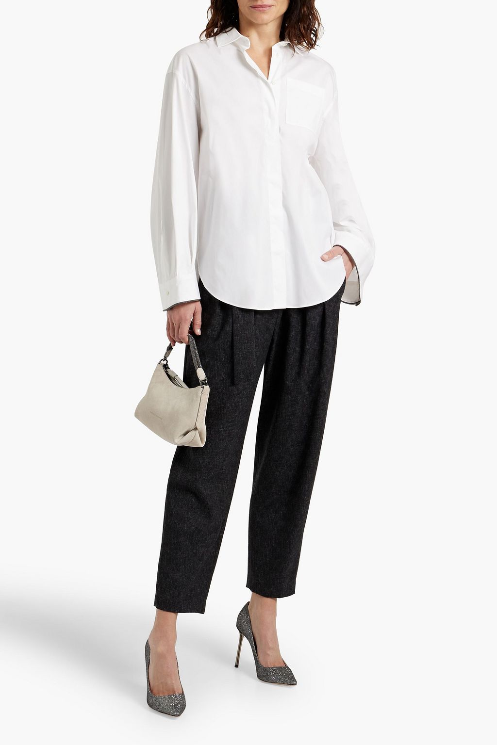 BRUNELLO CUCINELLI コットン混ポプリン シャツ ビーズ付き