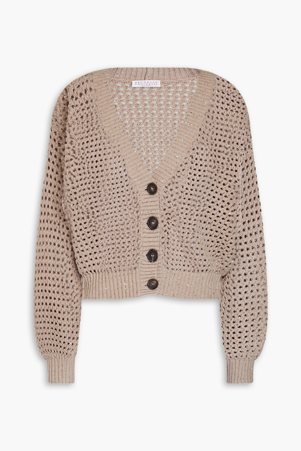 Brunello Cucinelli Sequin-embellished Open-knit Cotton-blend Cardigan In Beige