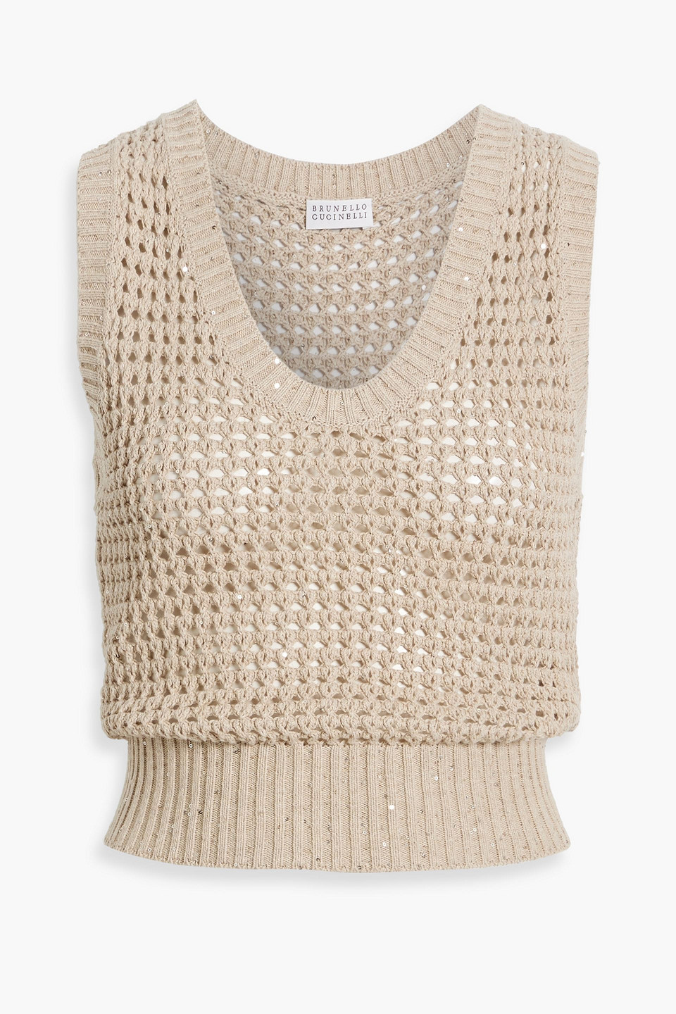 BRUNELLO CUCINELLI SEQUIN-EMBELLISHED OPEN-KNIT COTTON-BLEND TANK