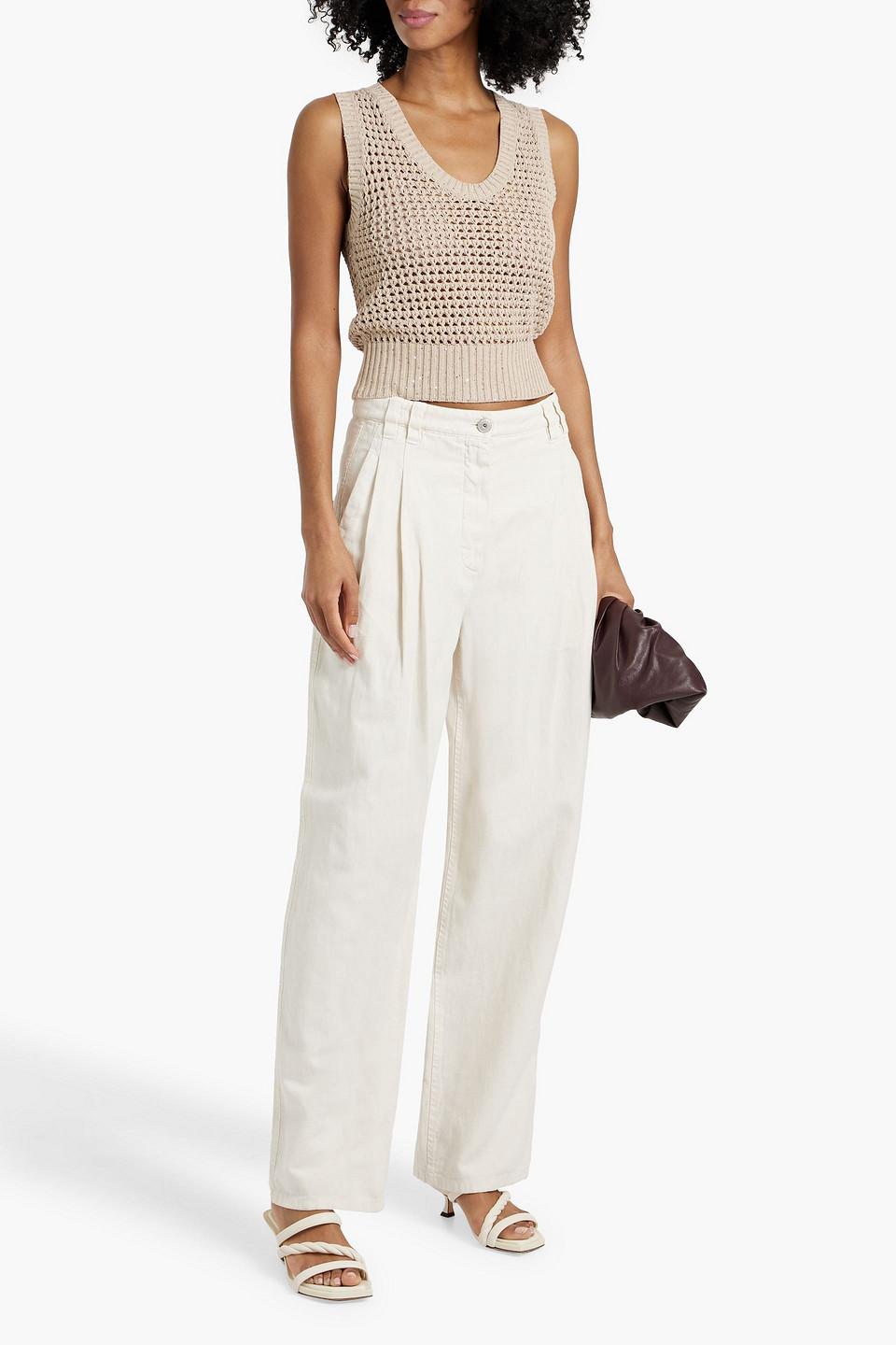 BRUNELLO CUCINELLI SEQUIN-EMBELLISHED OPEN-KNIT COTTON-BLEND TANK