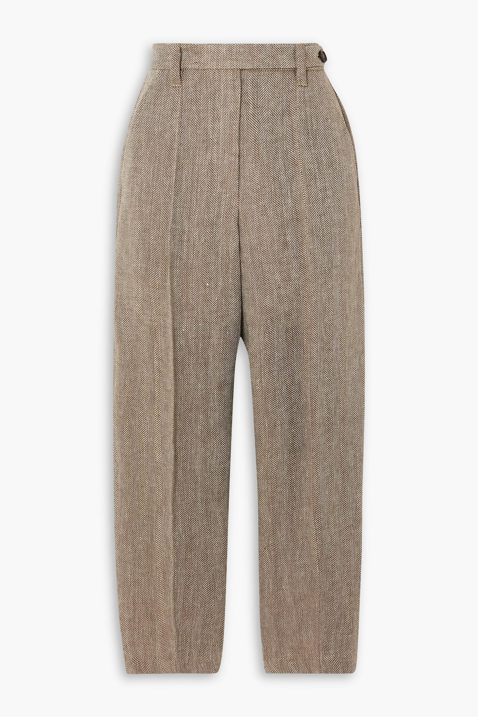 Brunello Cucinelli Herringbone Linen Tapered Pants In Brown