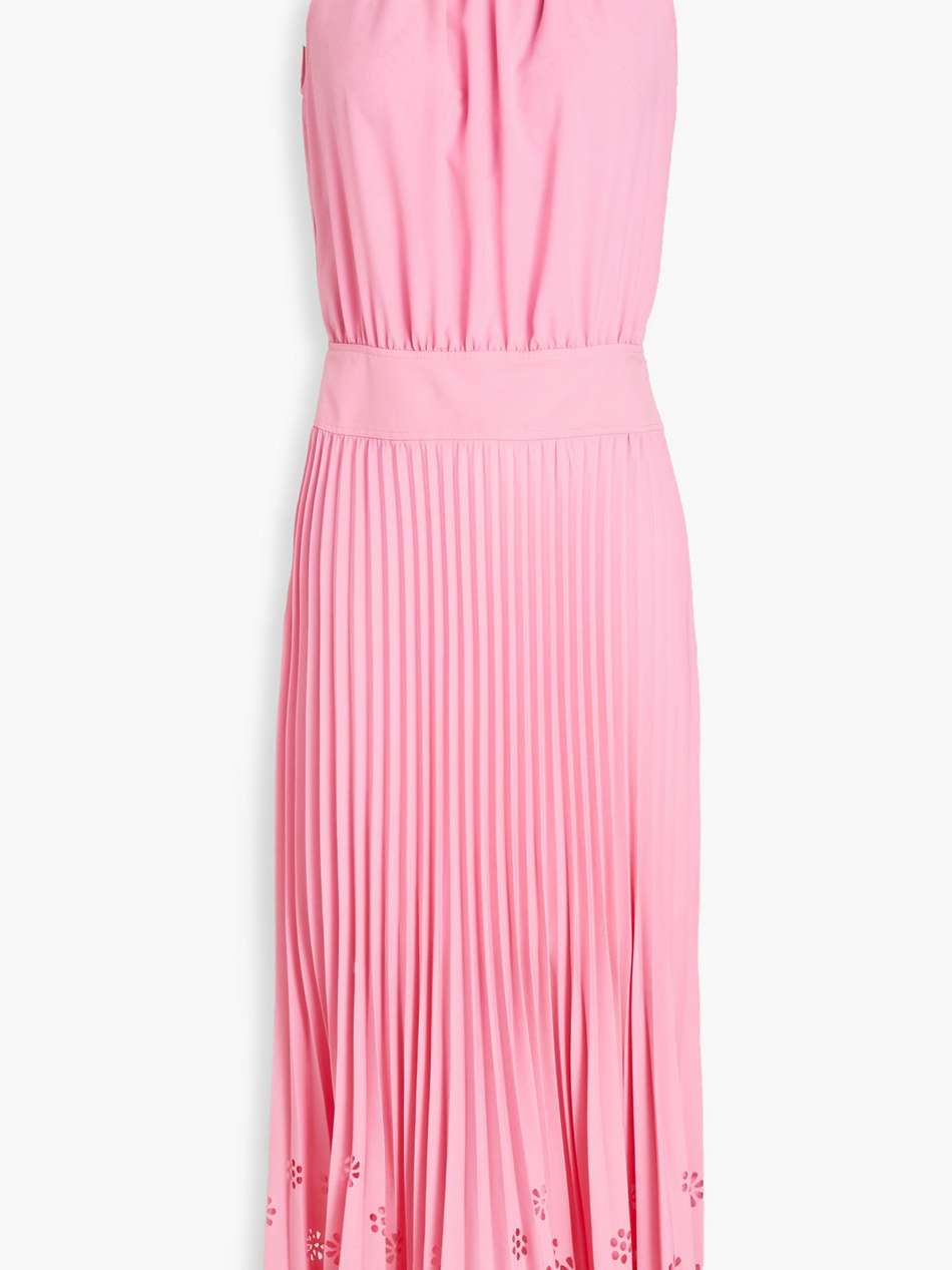 laser-cut pleated crepe de chine midi dress