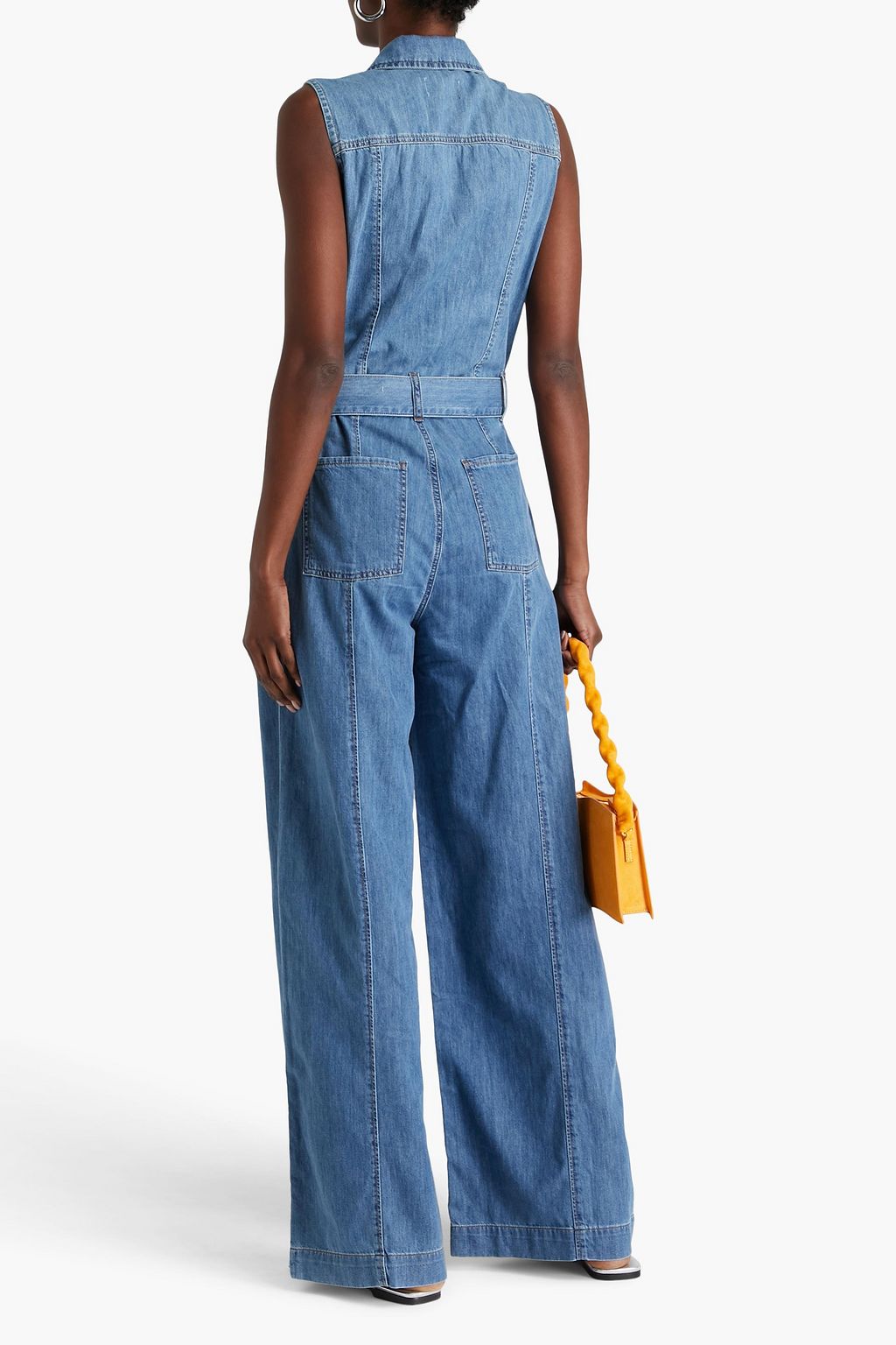 FRAME Belted faded denim jumpsuit
