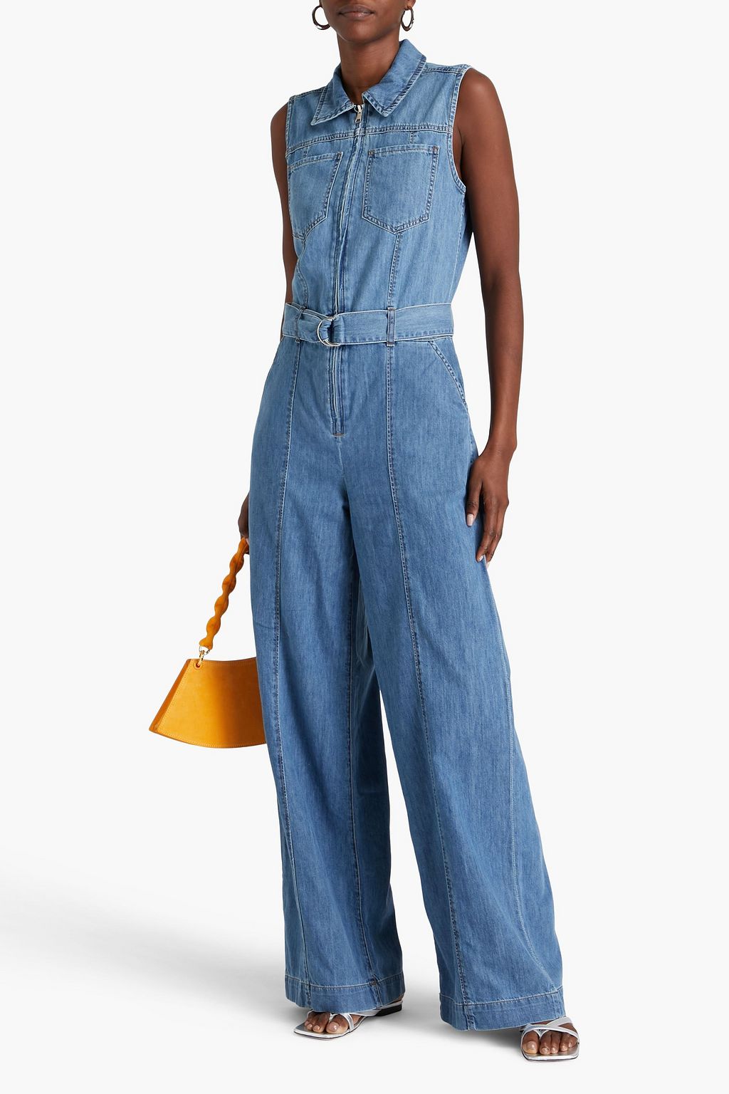 FRAME Belted faded denim jumpsuit
