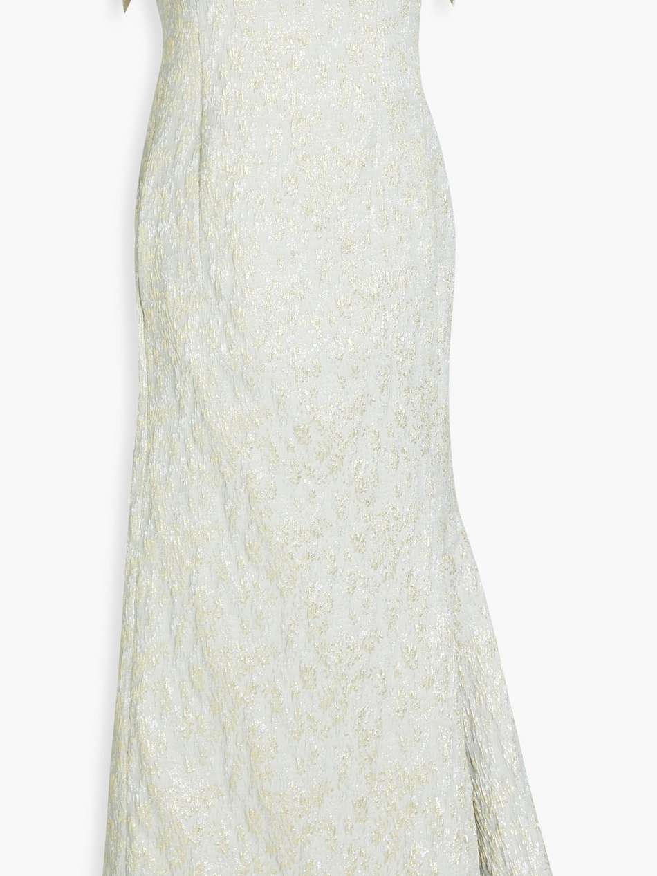 strapless metallic jacquard midi dress