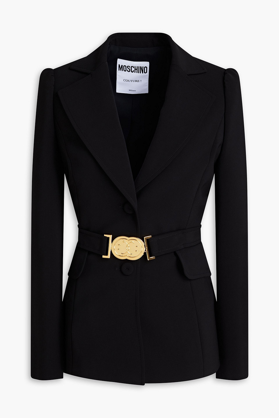 Shop Moschino Belted Crepe Blazer In Black