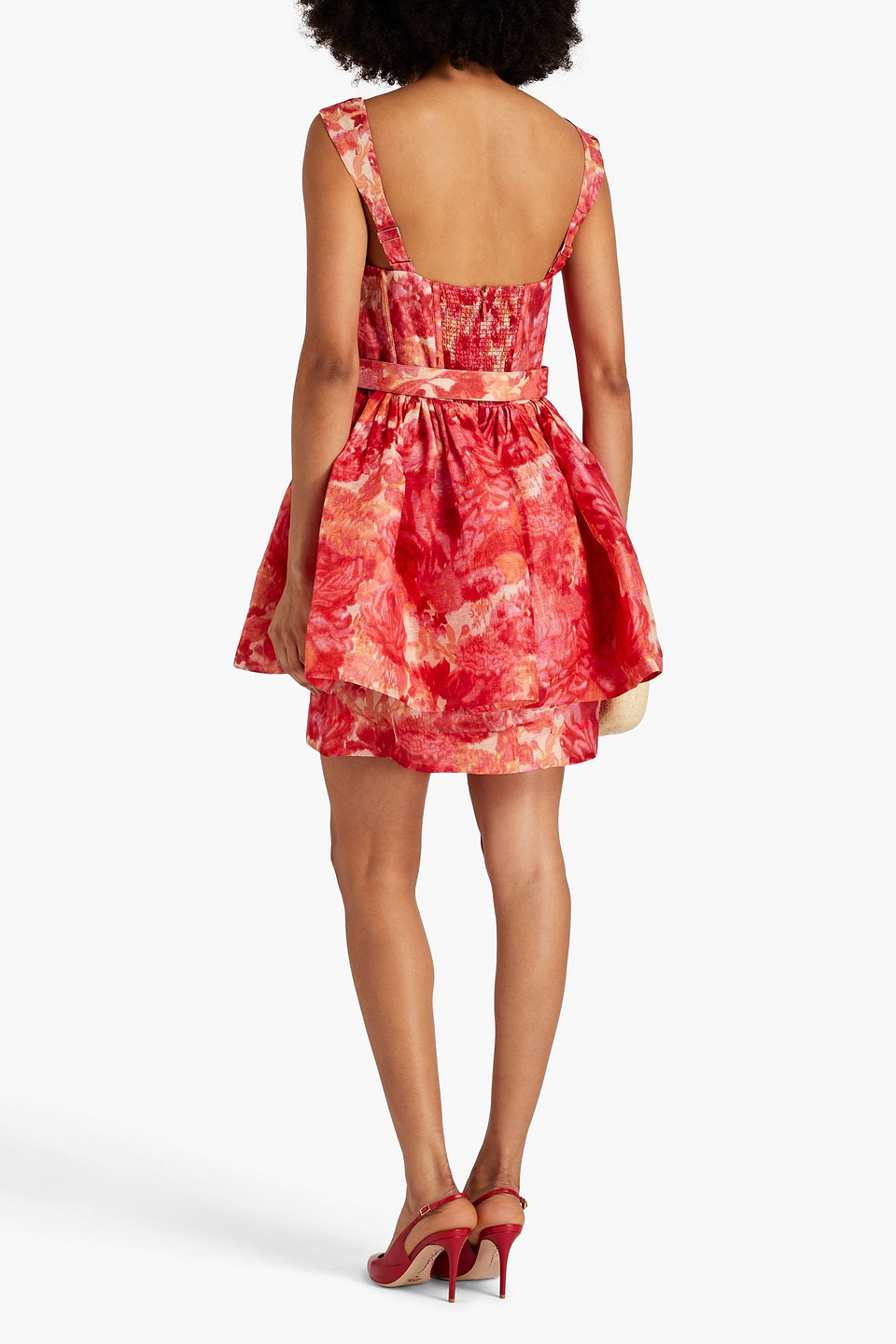 Shop Zimmermann Belted Floral-print Linen And Silk-blend Peplum Mini Dress In Red