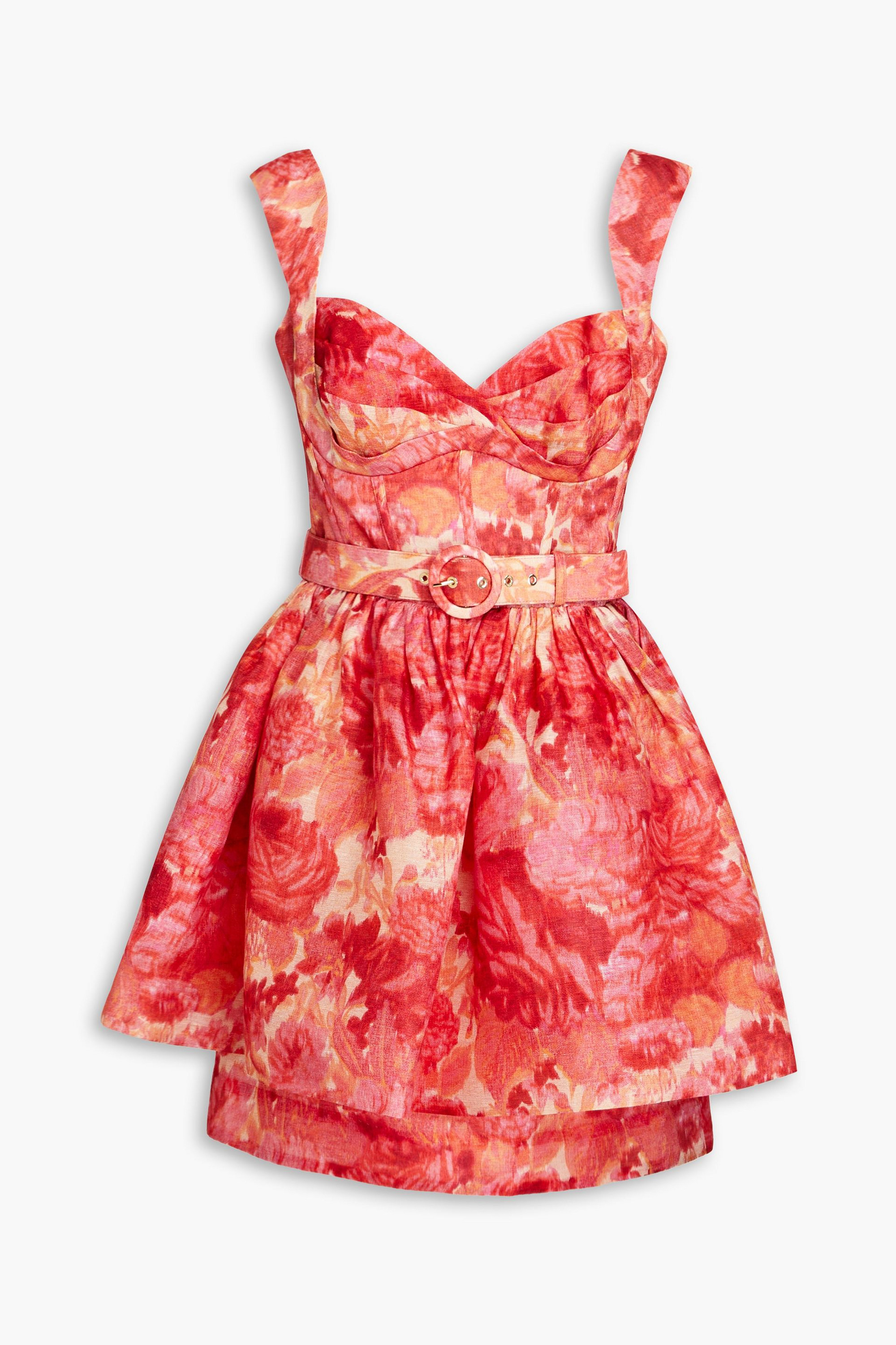 Zimmermann Belted floral-print linen and silk-blend peplum mini dress