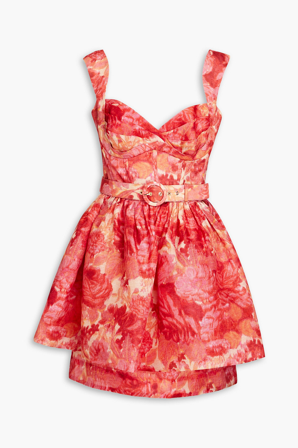 Shop Zimmermann Belted Floral-print Linen And Silk-blend Peplum Mini Dress In Red