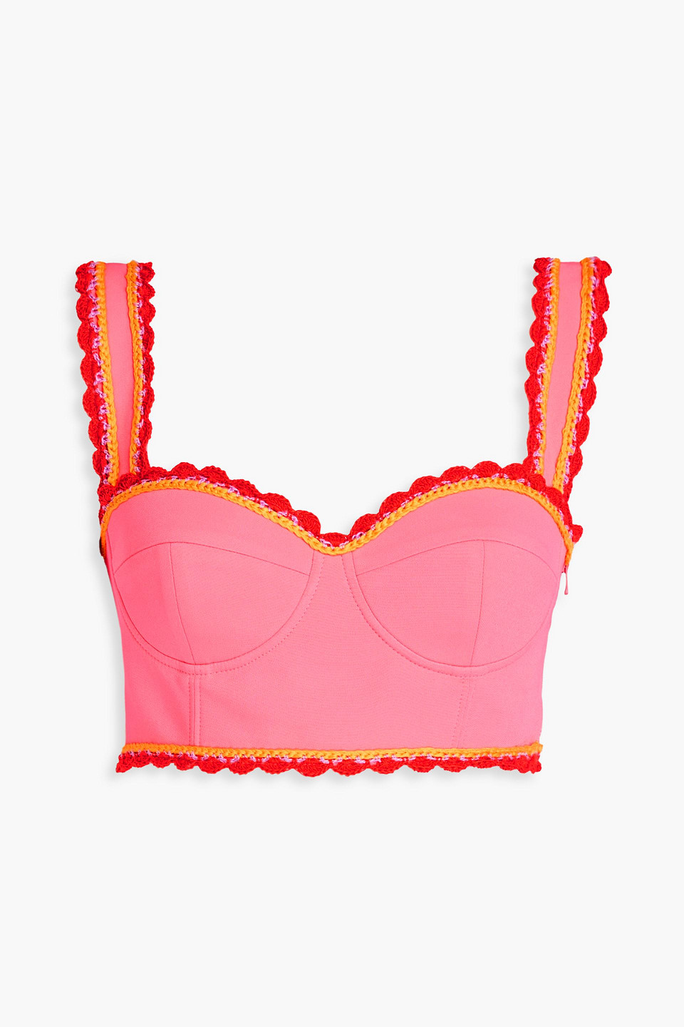 Moschino Cropped Crochet-trimmed Crepe Top In Pink