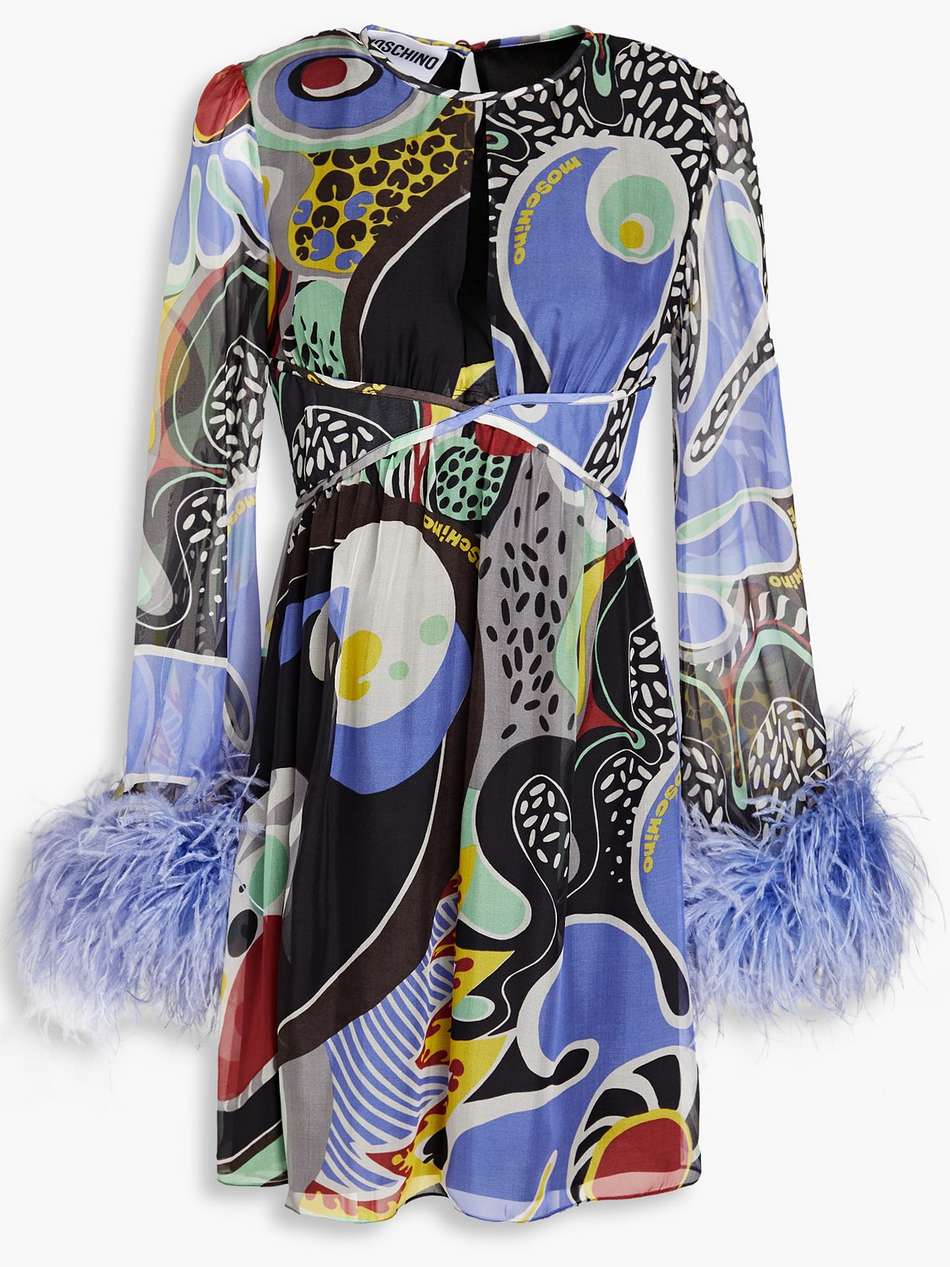 feather-embellished cutout printed chiffon mini dress