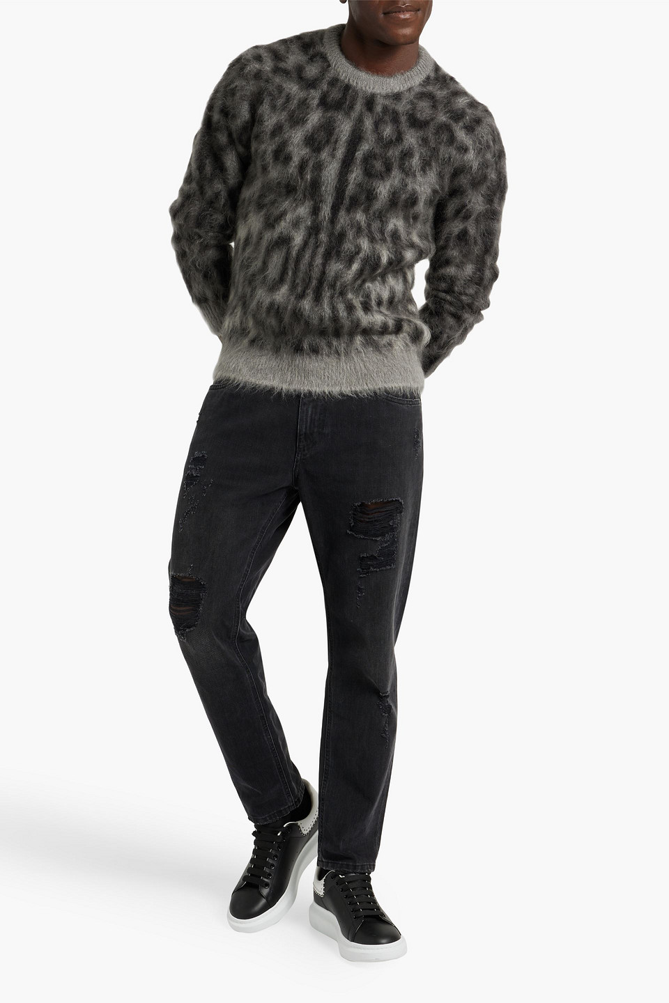 Shop Dolce & Gabbana Brushed Leopard-print Wool-blend Sweater In Gray