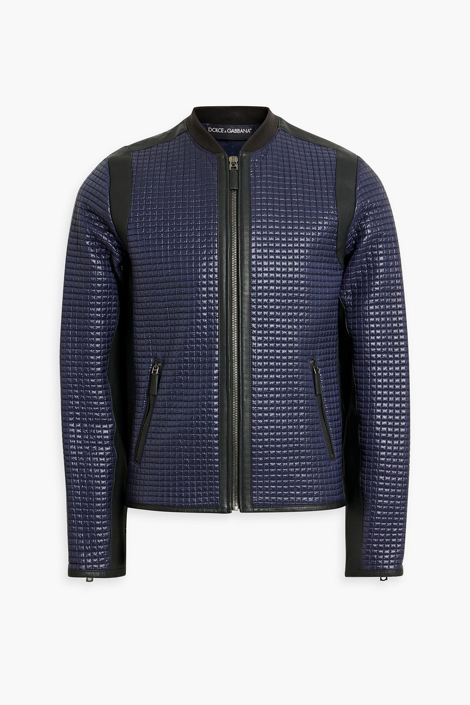 Leather-trimmed quilted shell bomber jacket