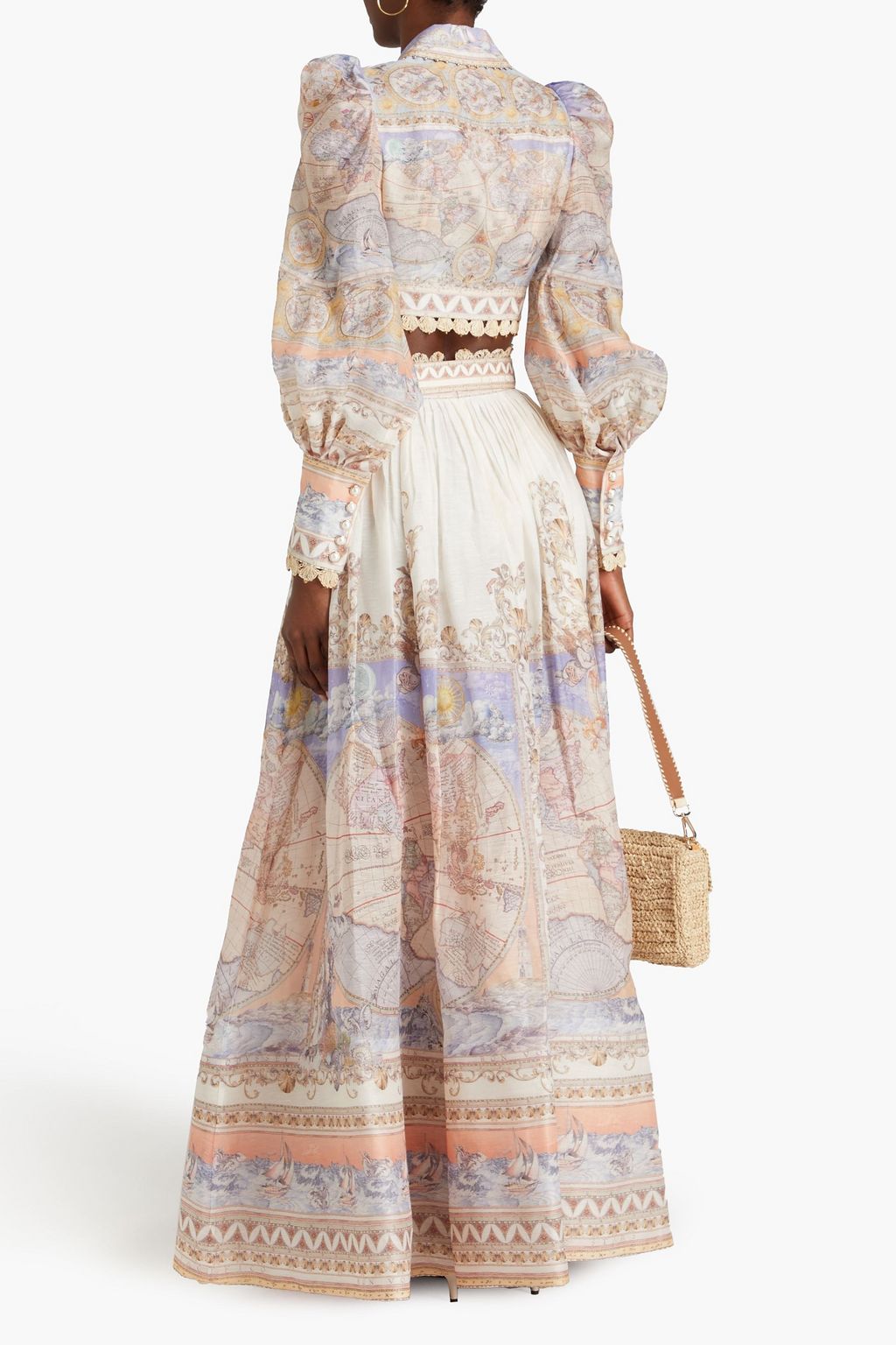 ZIMMERMANN Embellished printed linen and silk-blend maxi skirt