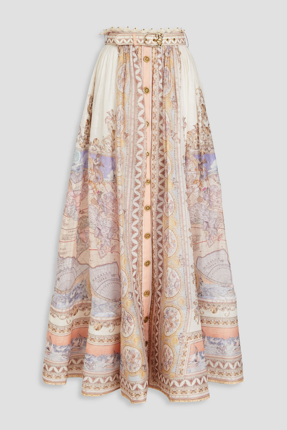 Zimmermann Embellished Printed Linen And Silk-blend Maxi Skirt In Pastel Pink