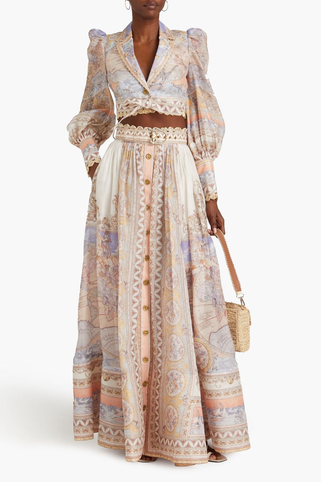 ZIMMERMANN Embellished printed linen and silk-blend maxi skirt