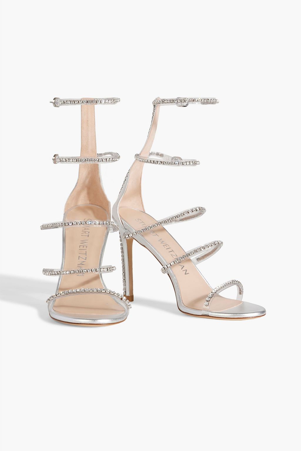 STUART WEITZMAN Crystal-embellished metallic leather and PVC sandals