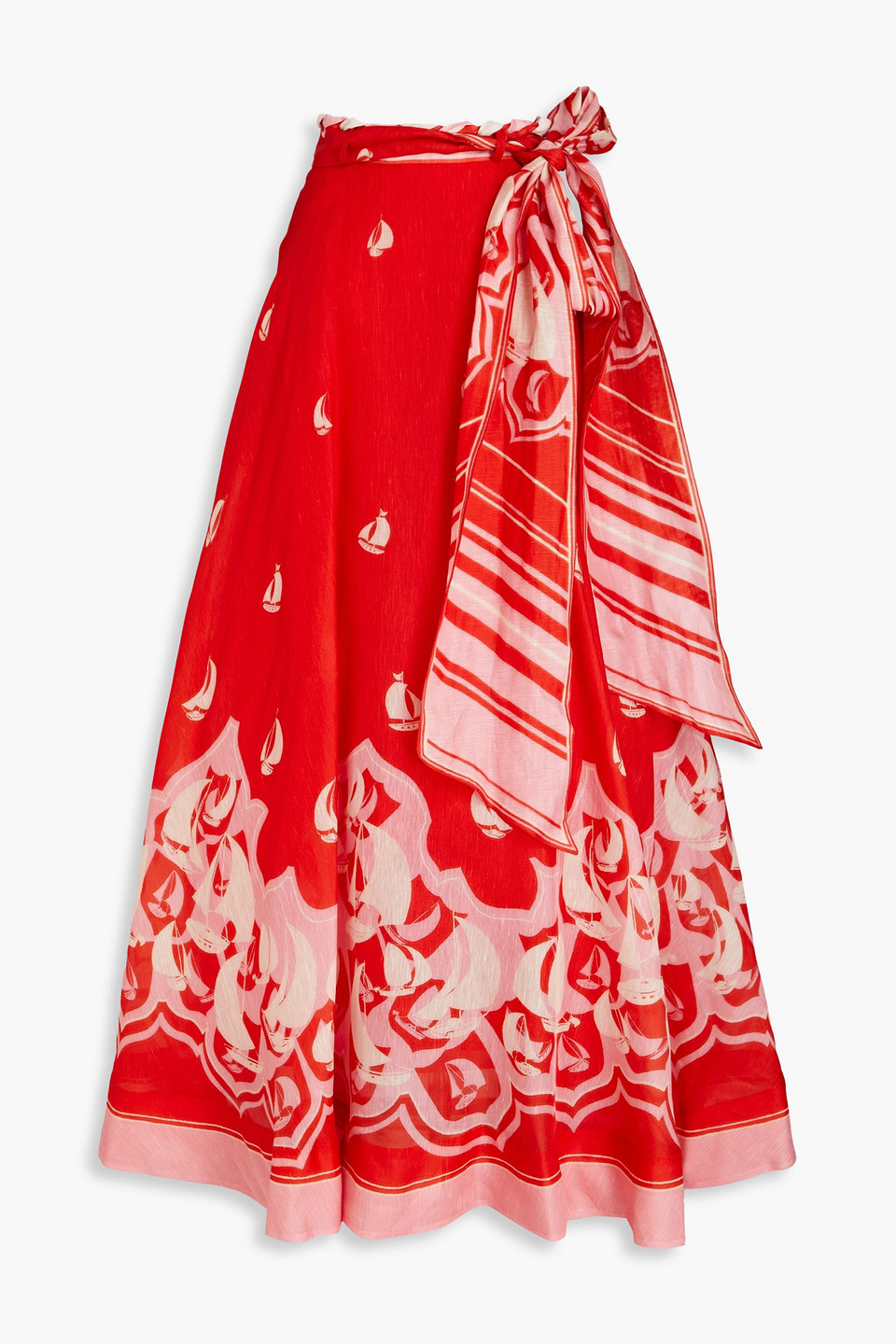 Shop Zimmermann Printed Linen And Silk-blend Maxi Skirt In Red