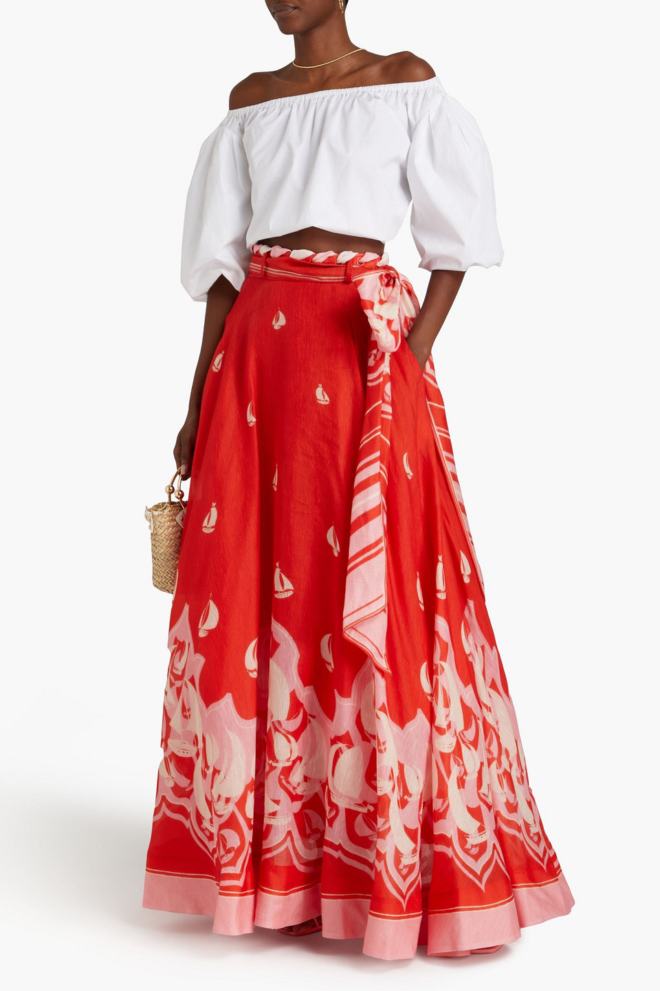 Shop Zimmermann Printed Linen And Silk-blend Maxi Skirt In Red