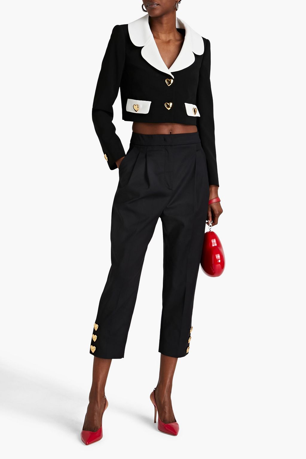 MOSCHINO Cropped embellished two-tone crepe jacket