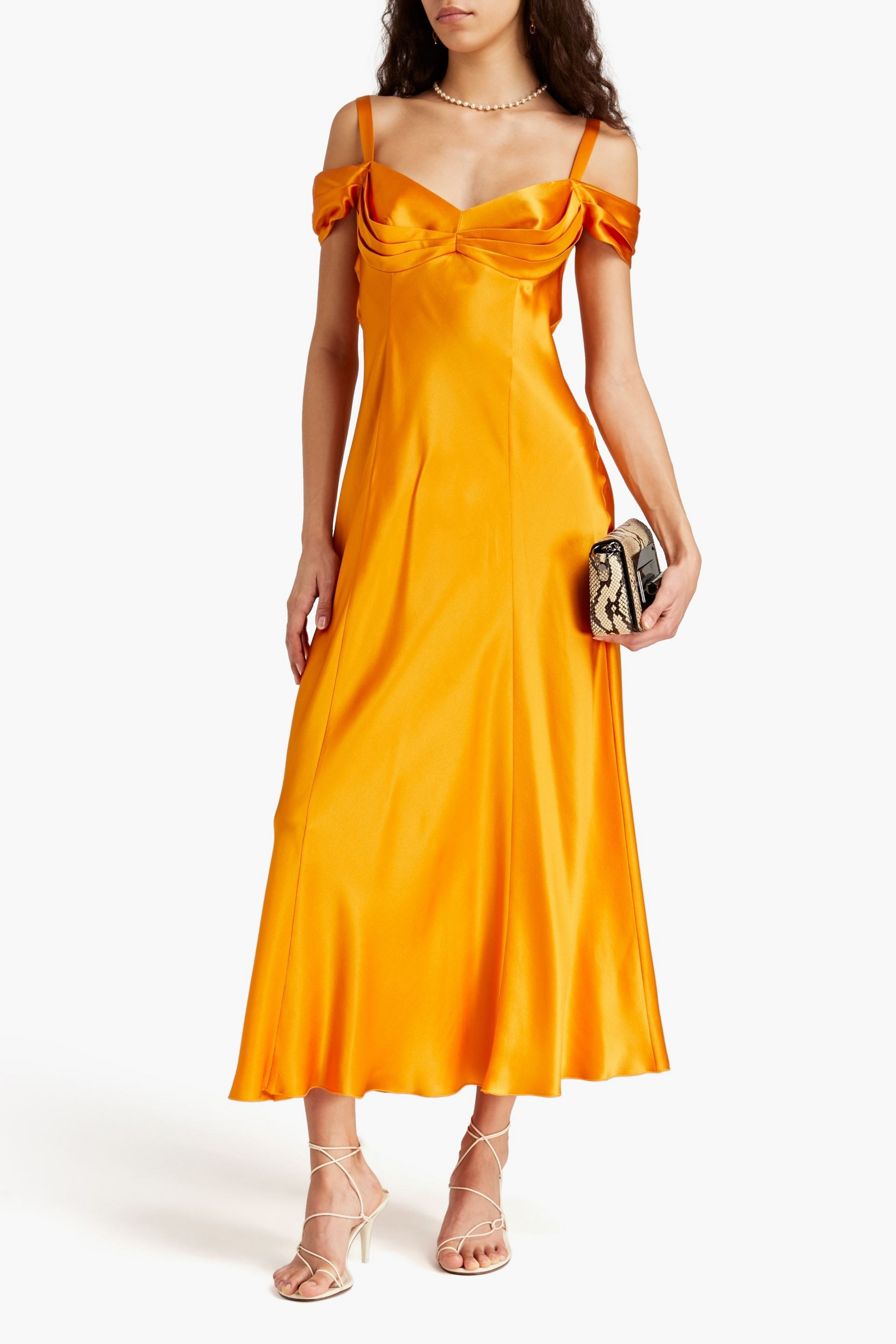 ALBERTA FERRETTI Cold-shoulder pleated silk-satin maxi dress