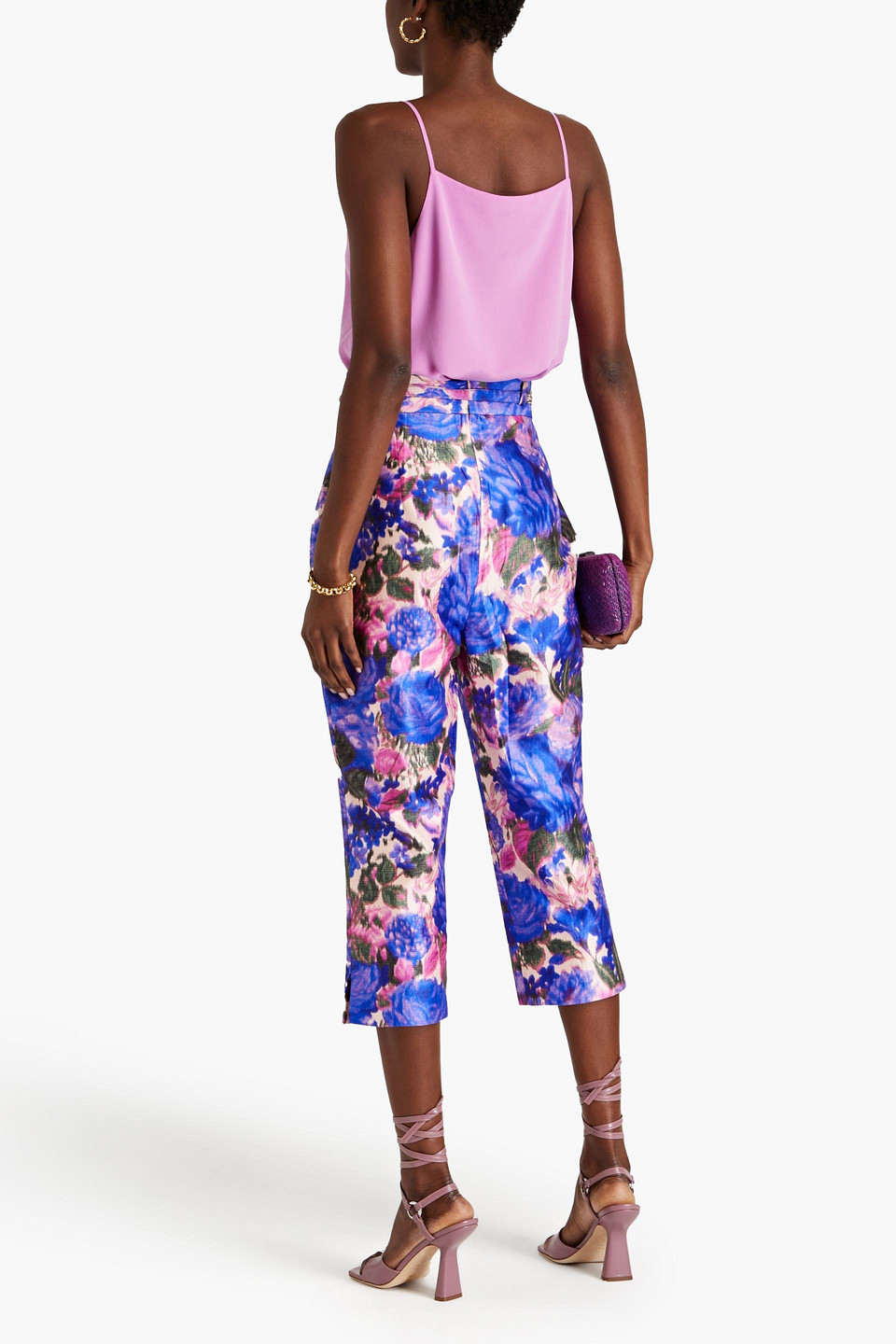 Shop Zimmermann Belted Copped Floral-print Silk-satin Tapered Pants In Purple