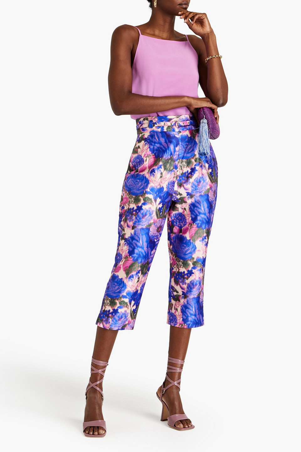 Shop Zimmermann Belted Copped Floral-print Silk-satin Tapered Pants In Purple