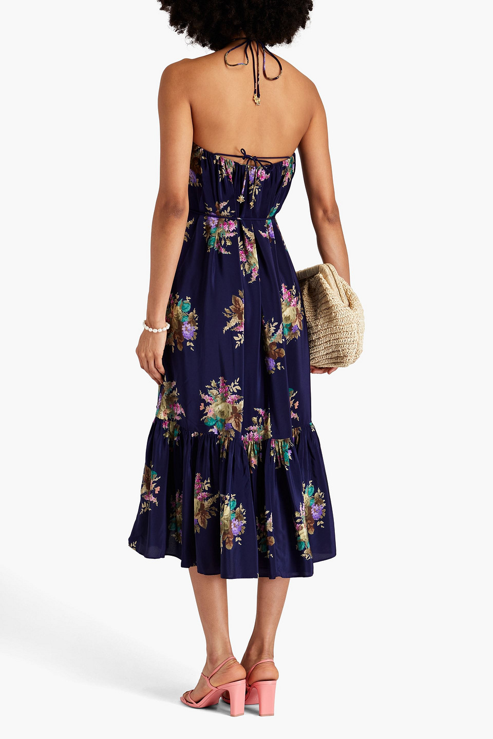 Zimmermann Floral-print Silk-crepe De Chine Halterneck Midi Dress In Midnight Blue