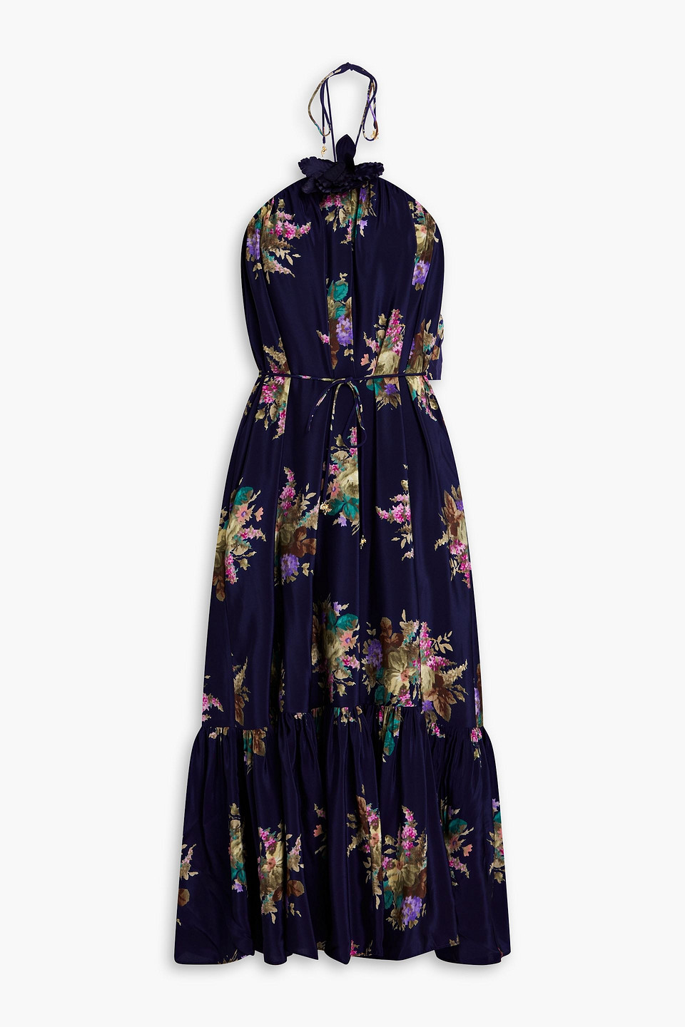 Zimmermann Floral-print Silk-crepe De Chine Halterneck Midi Dress In Midnight Blue