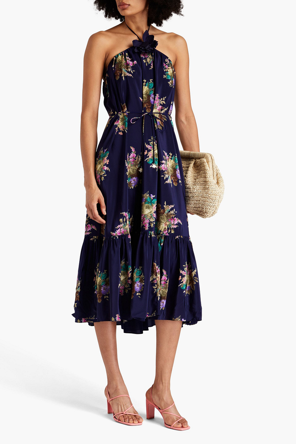 Shop Zimmermann Floral-print Silk-crepe De Chine Halterneck Midi Dress In Midnight Blue