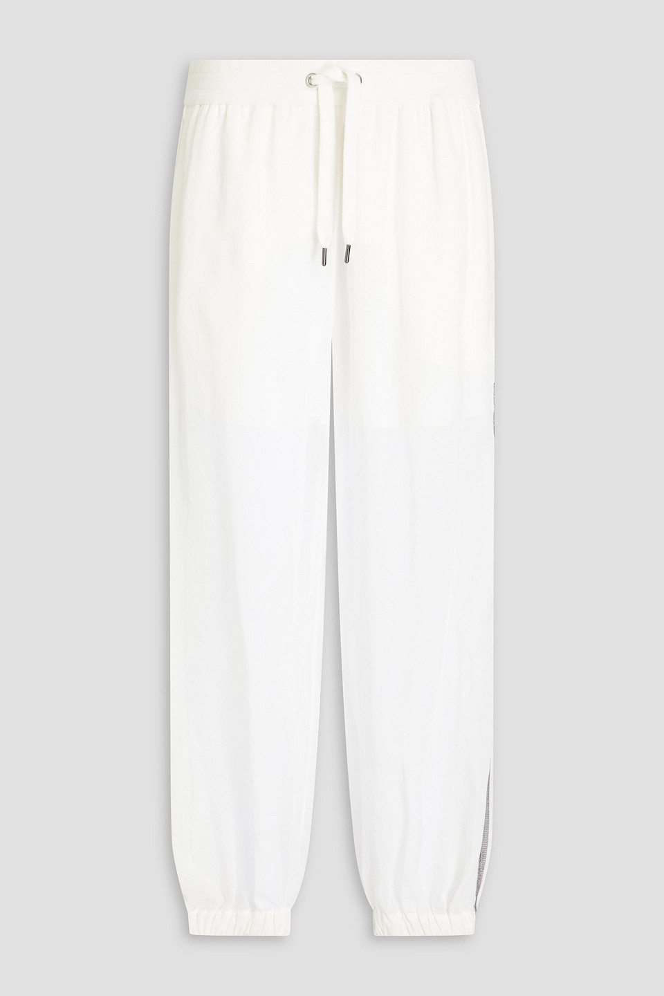 Brunello Cucinelli Crystal-embellished Gauze Track Trousers In Metallic