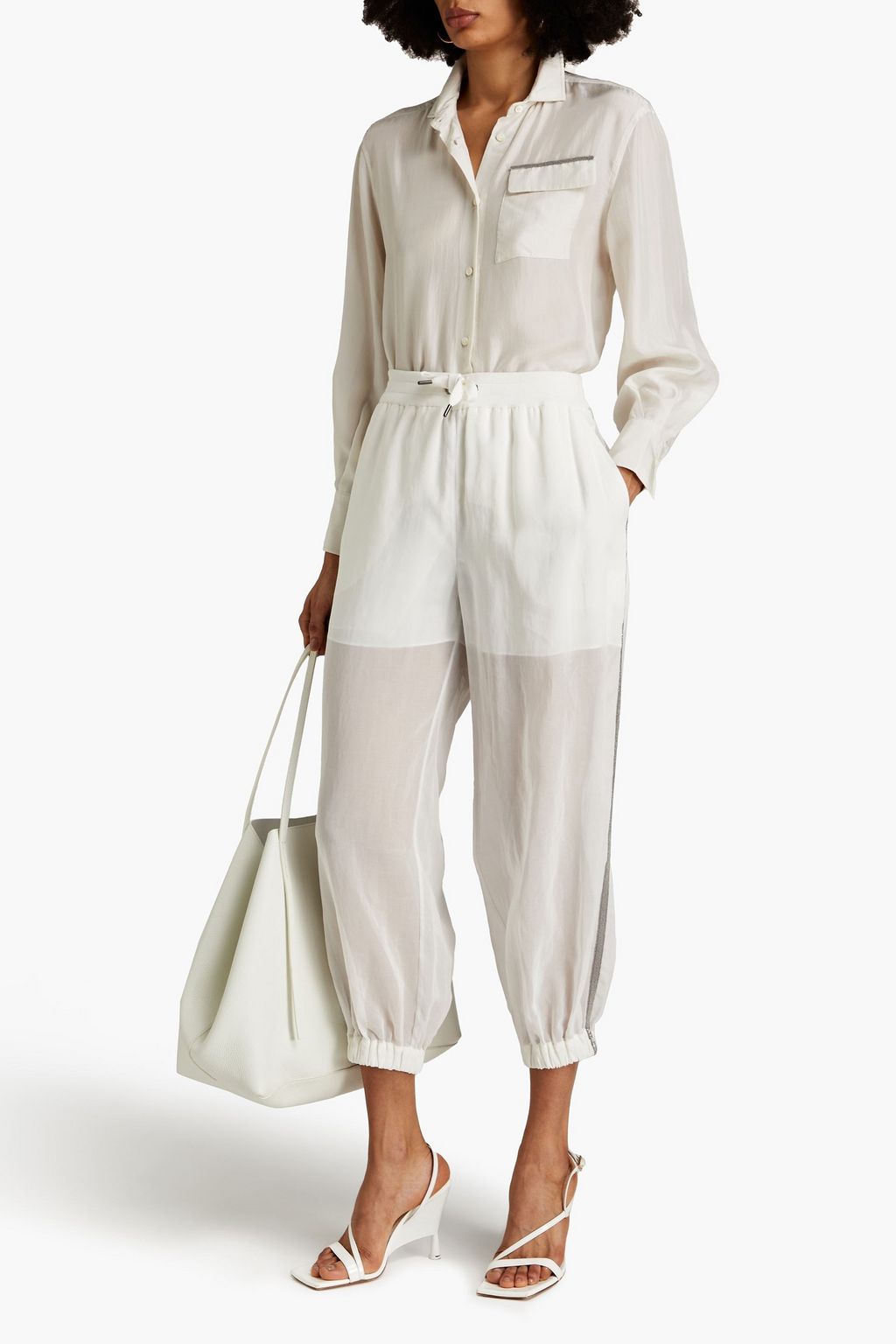 BRUNELLO CUCINELLI Bead-embellished cotton-gauze track pants