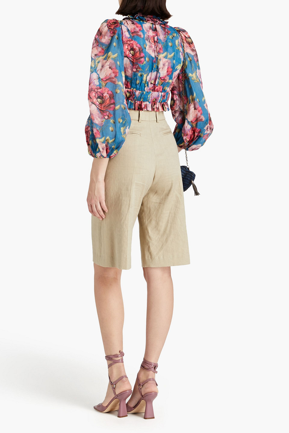 Shop Zimmermann Cropped Pussy-bow Floral-print Ramie Blouse In Petrol