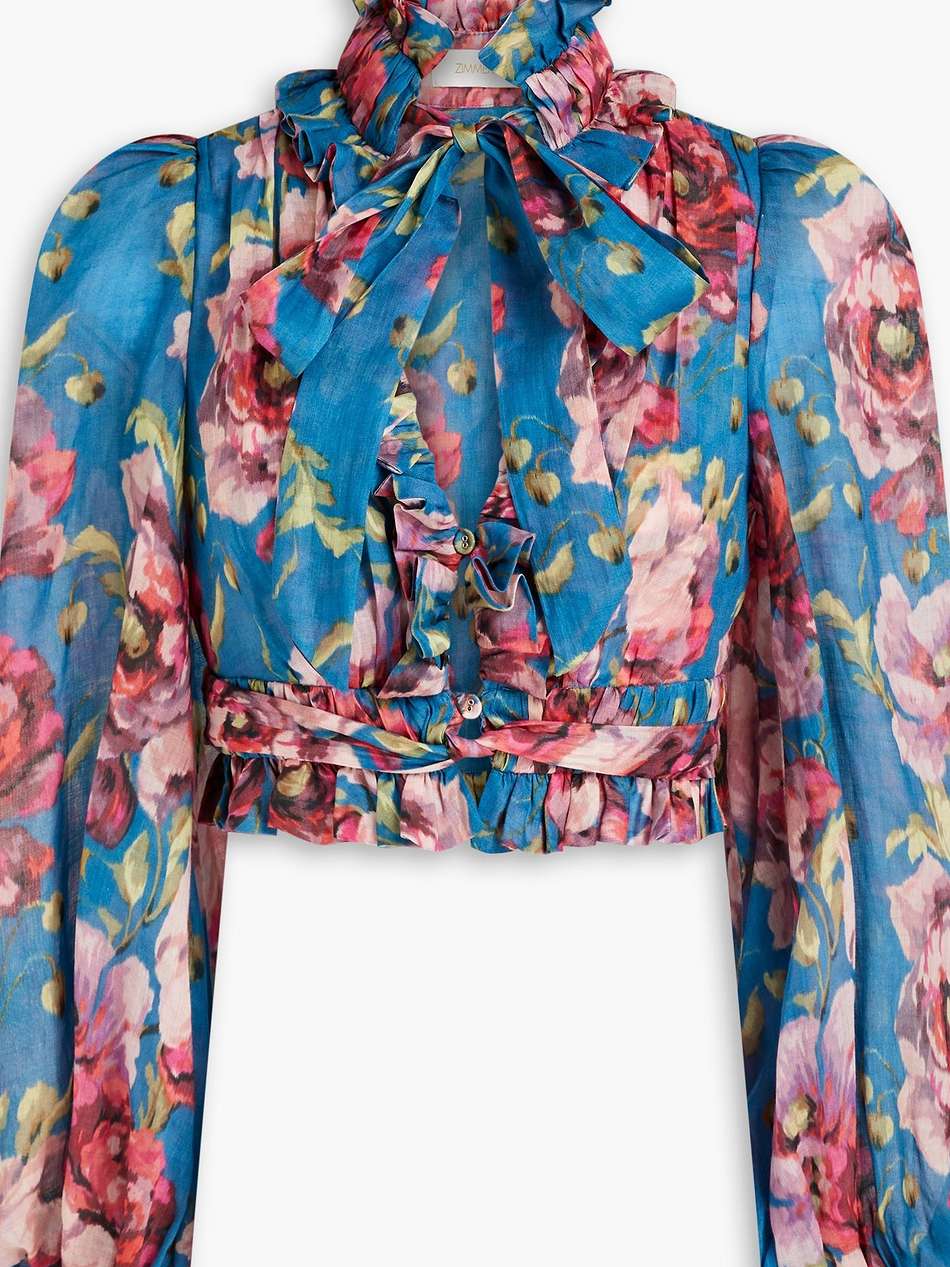cropped pussy-bow floral-print ramie blouse