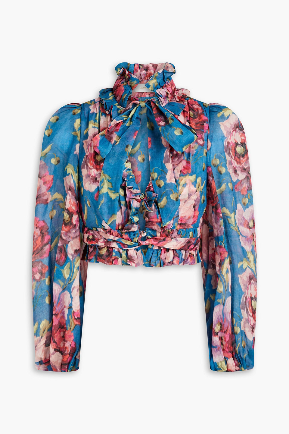 Cropped pussy-bow floral-print ramie blouse
