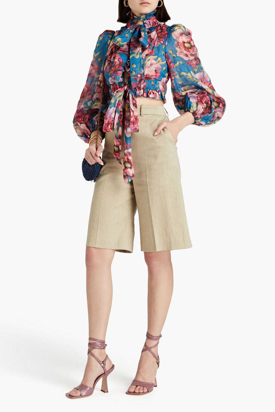 Shop Zimmermann Cropped Pussy-bow Floral-print Ramie Blouse In Petrol