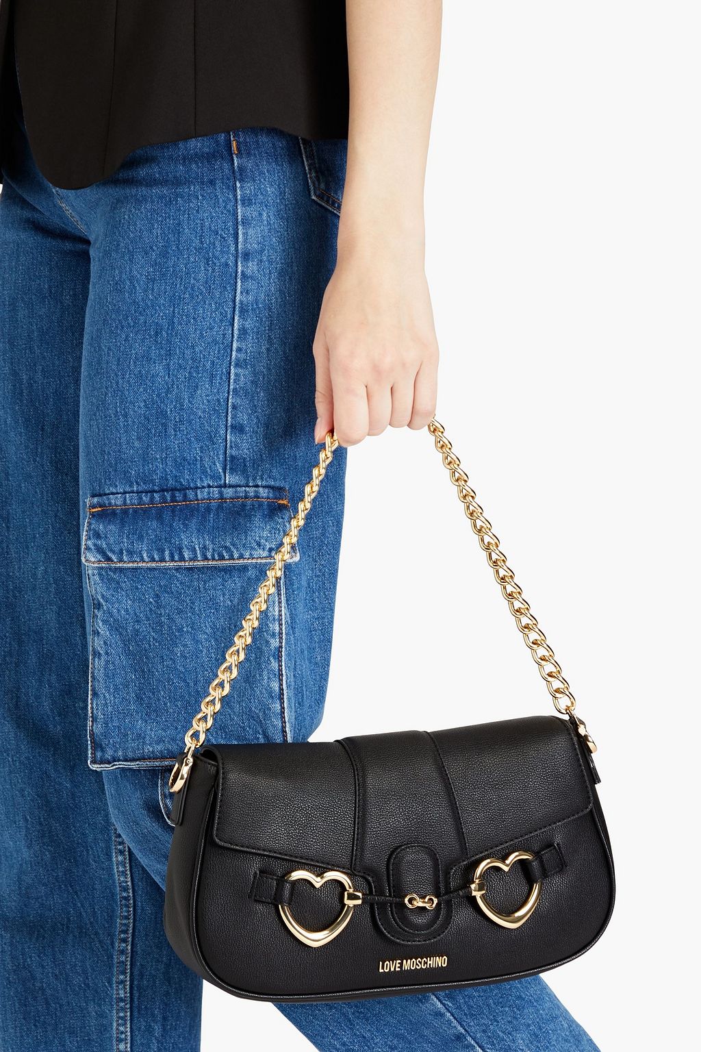 LOVE MOSCHINO حقيبة كتف مصنوعة من الجلد الصناعي المحبب بتصميم مزركش