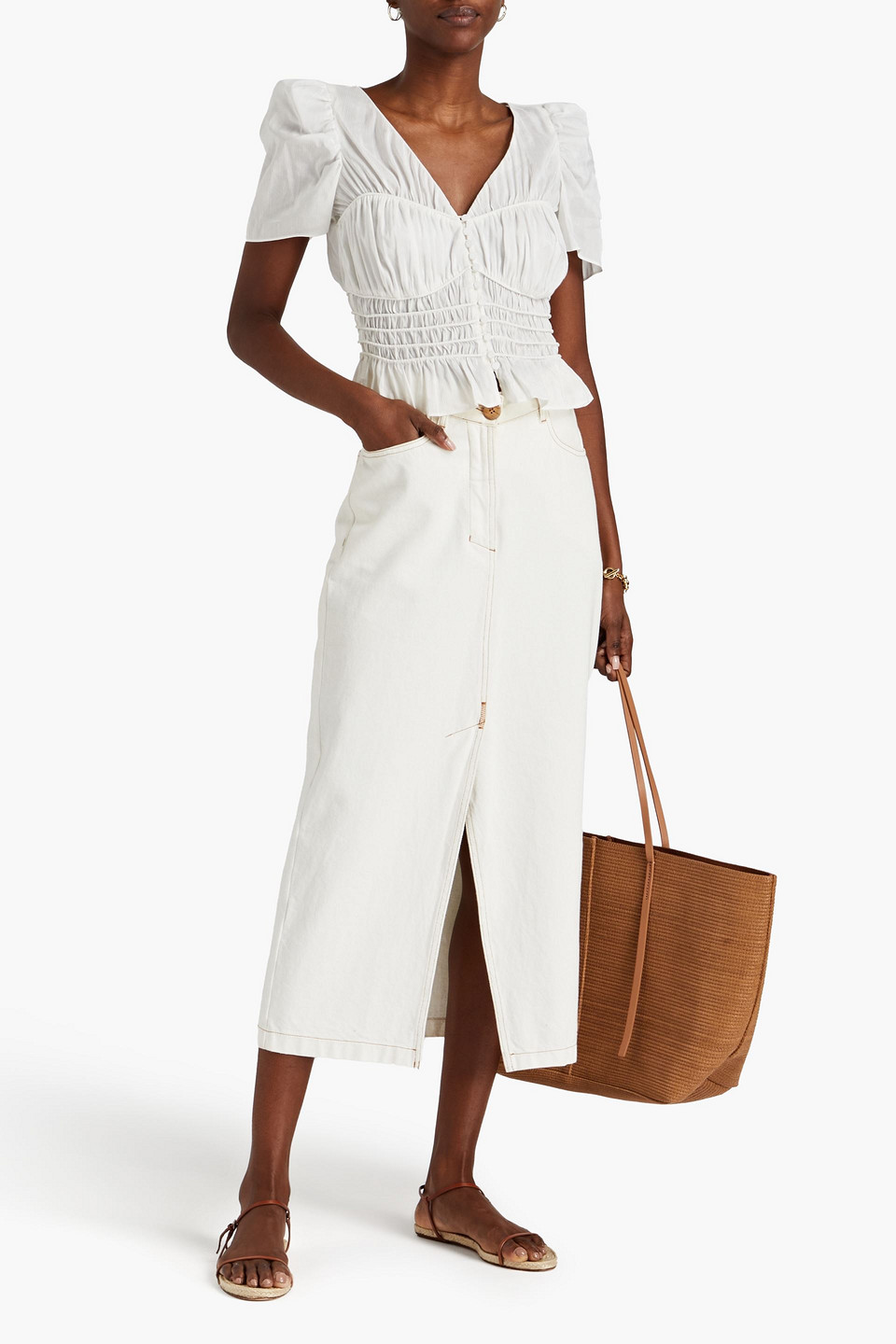 Frame Shirred Ramie And Silk-blend Top In White