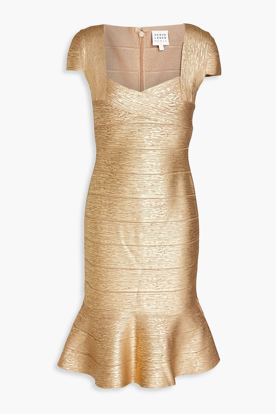 Herve Leger Fluted Metallic Bandage Dress In Gold