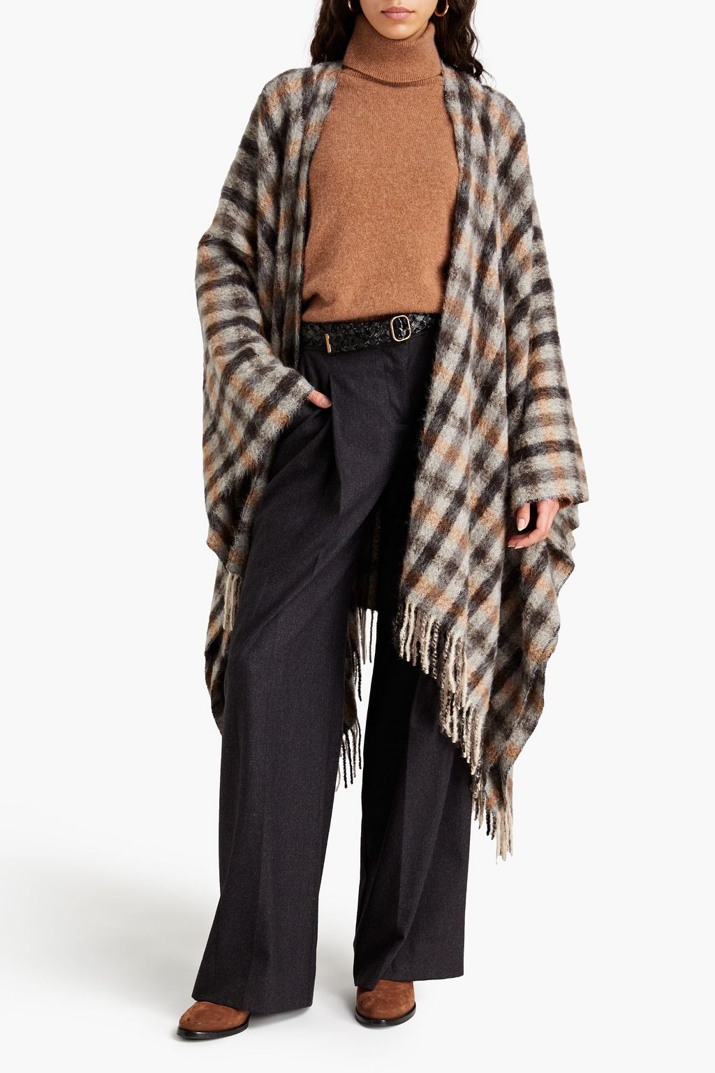 BRUNELLO CUCINELLI Brushed metallic checked alpaca-blend cape