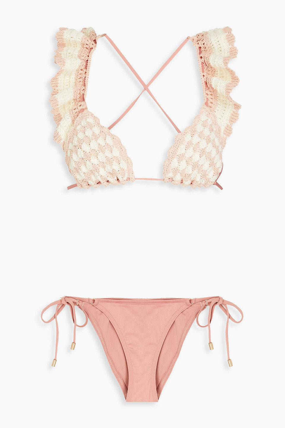 Zimmermann Ruffled Crocheted Triangle Bikini In Antique Rose