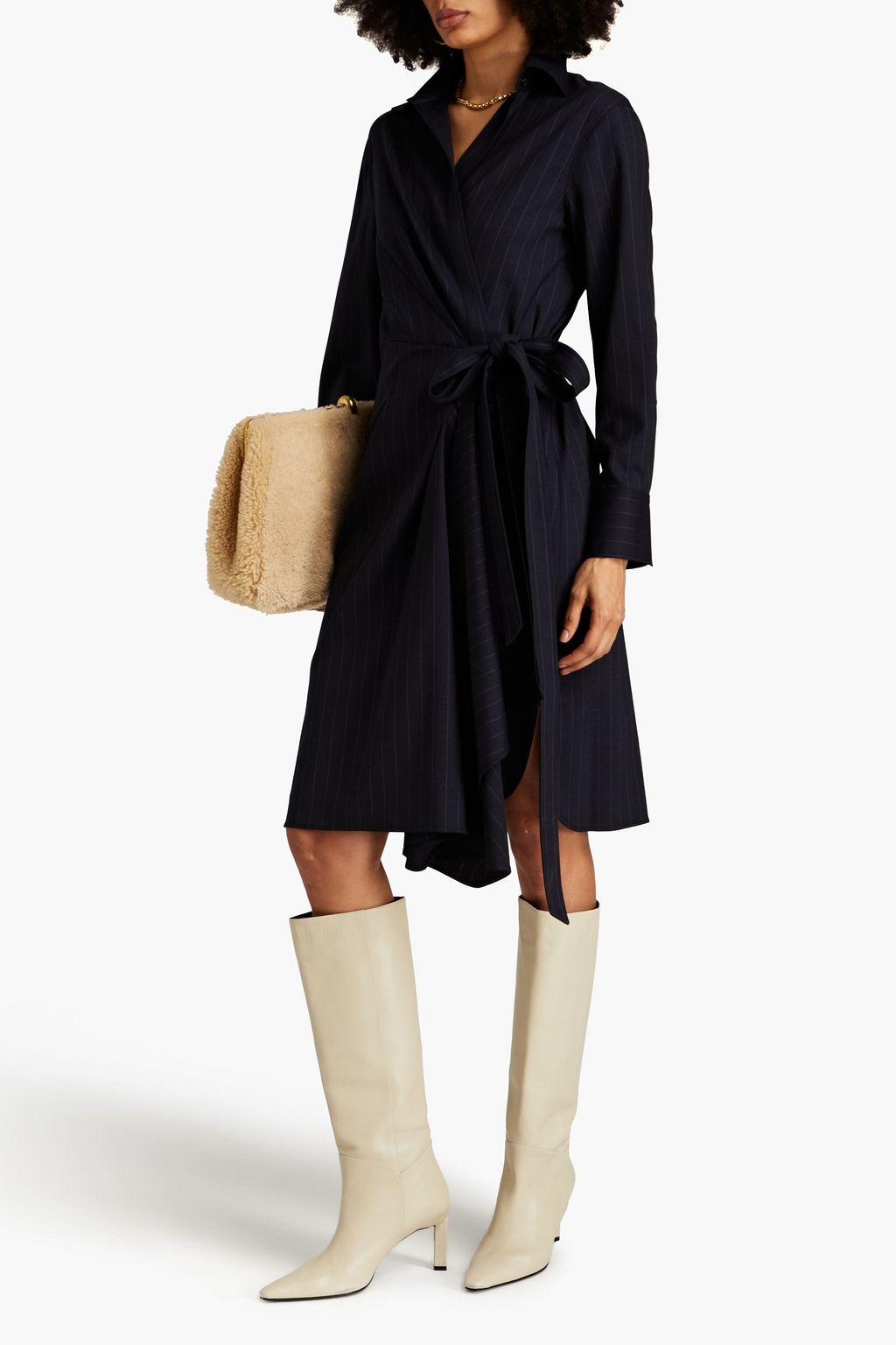 BRUNELLO CUCINELLI Drapiertes Wickelkleid aus einer Wollmischung mit Nadelstreifen