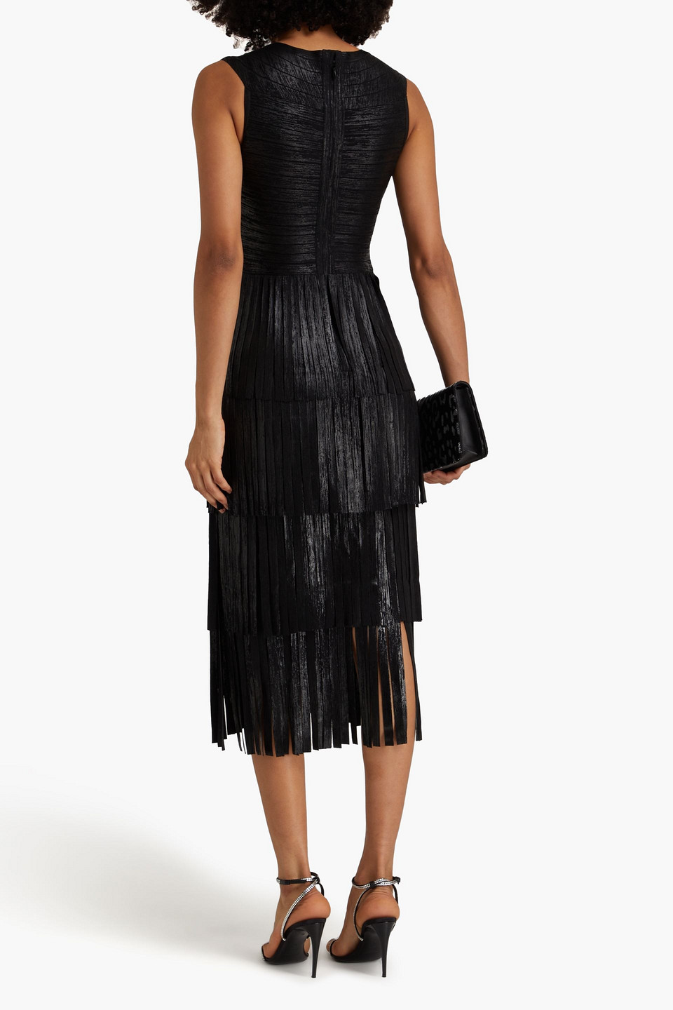 Shop Herve Leger Fringed Bandage Midi Dress In Black