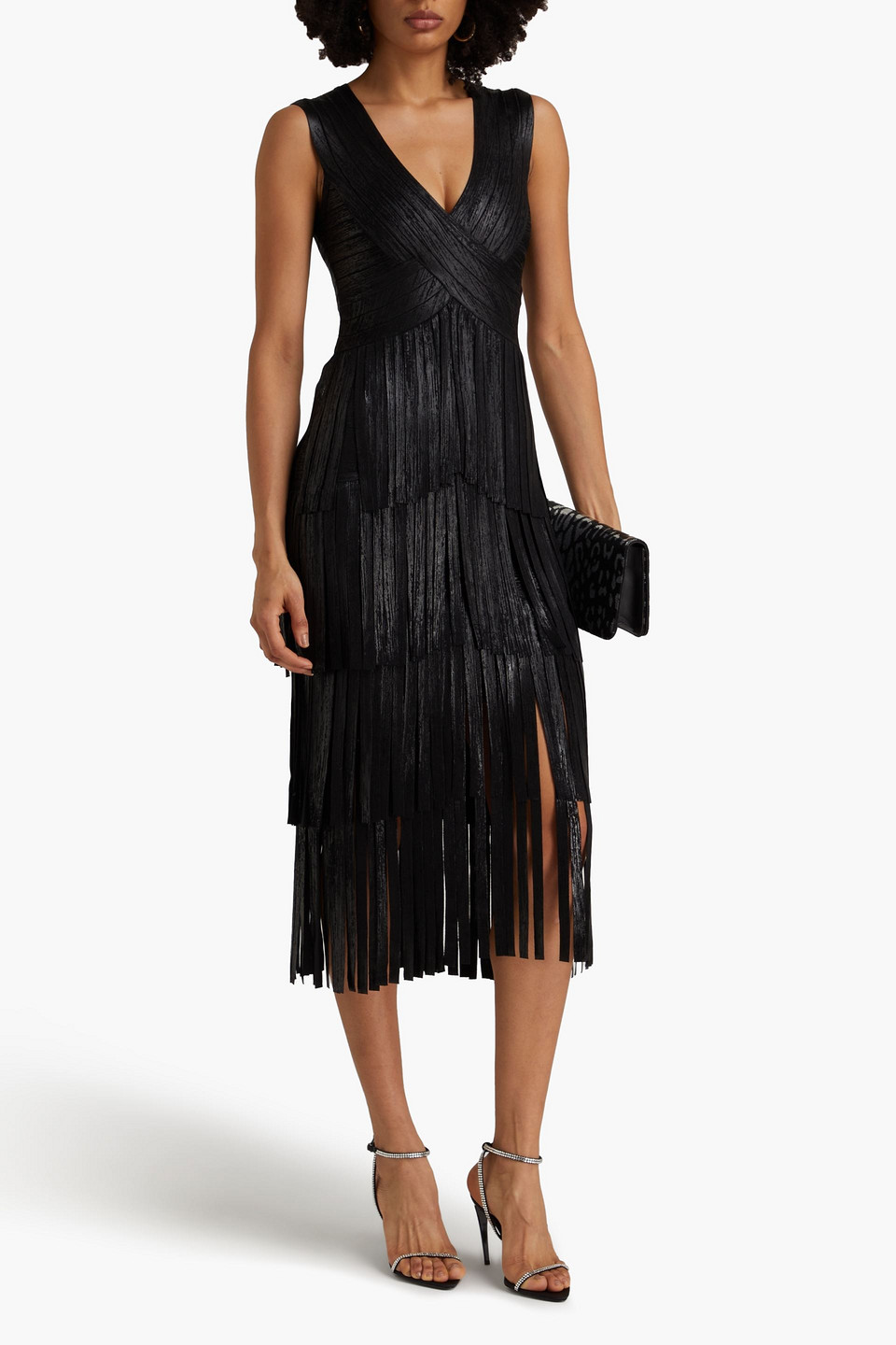 Shop Herve Leger Fringed Bandage Midi Dress In Black