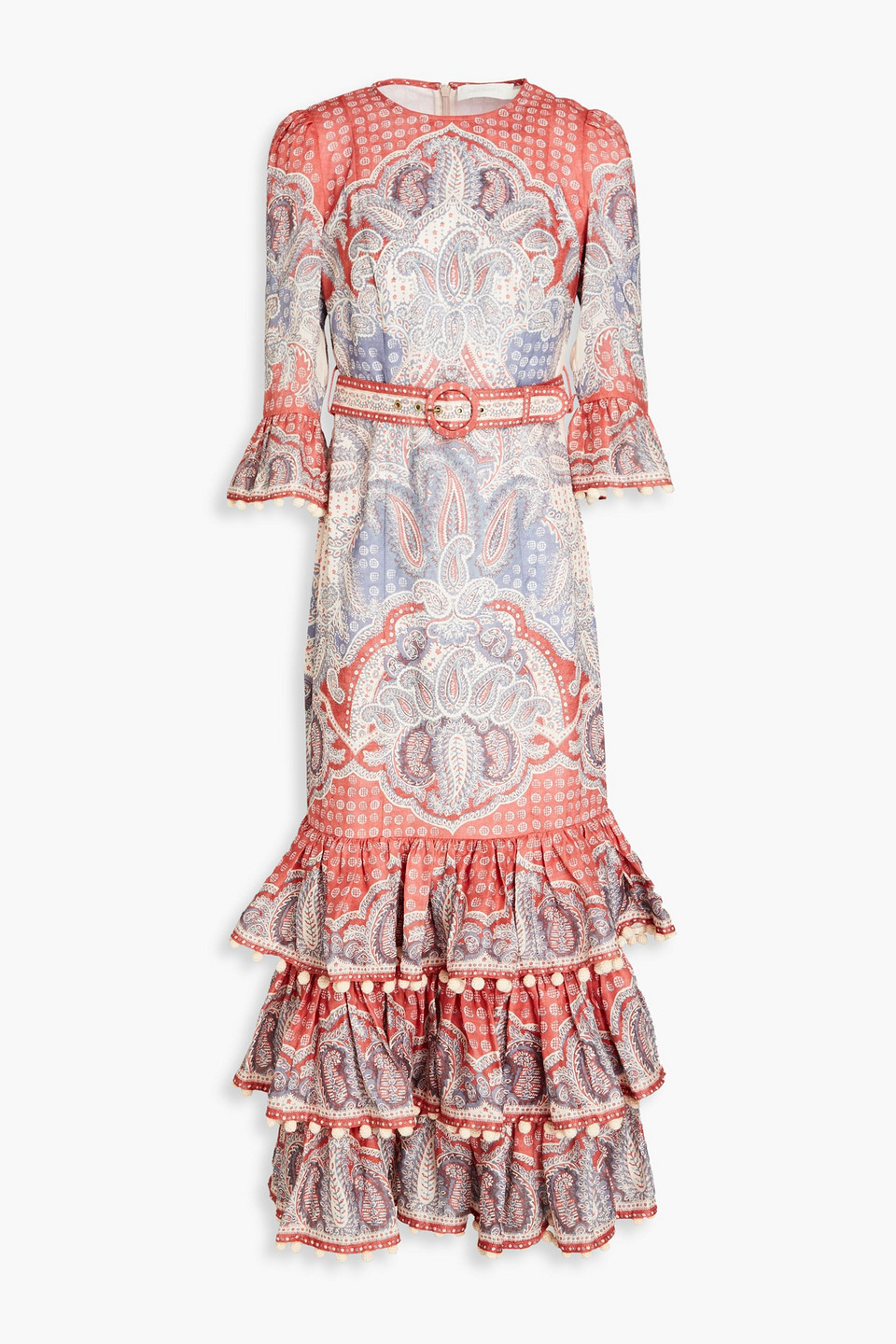 Zimmermann Belted Tiered Floral-print Linen Midi Dress In Crimson | ModeSens Zimmermann Belted Tiered Floral-print Linen Midi Dress In Crimson | ModeSens