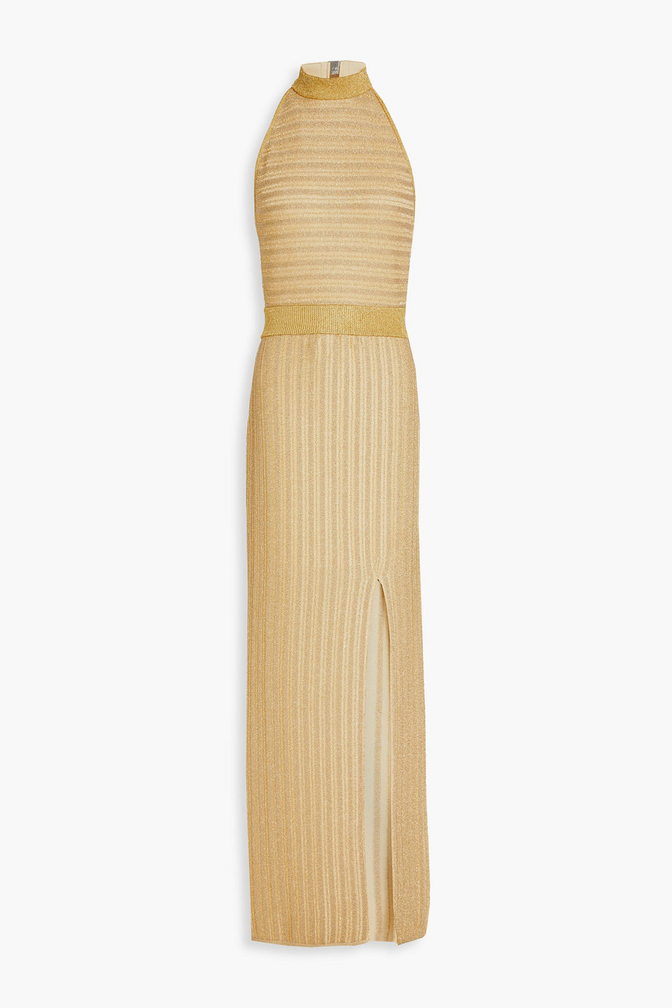 Herve Leger Open-back Metallic Bandage Halterneck Gown In Gold