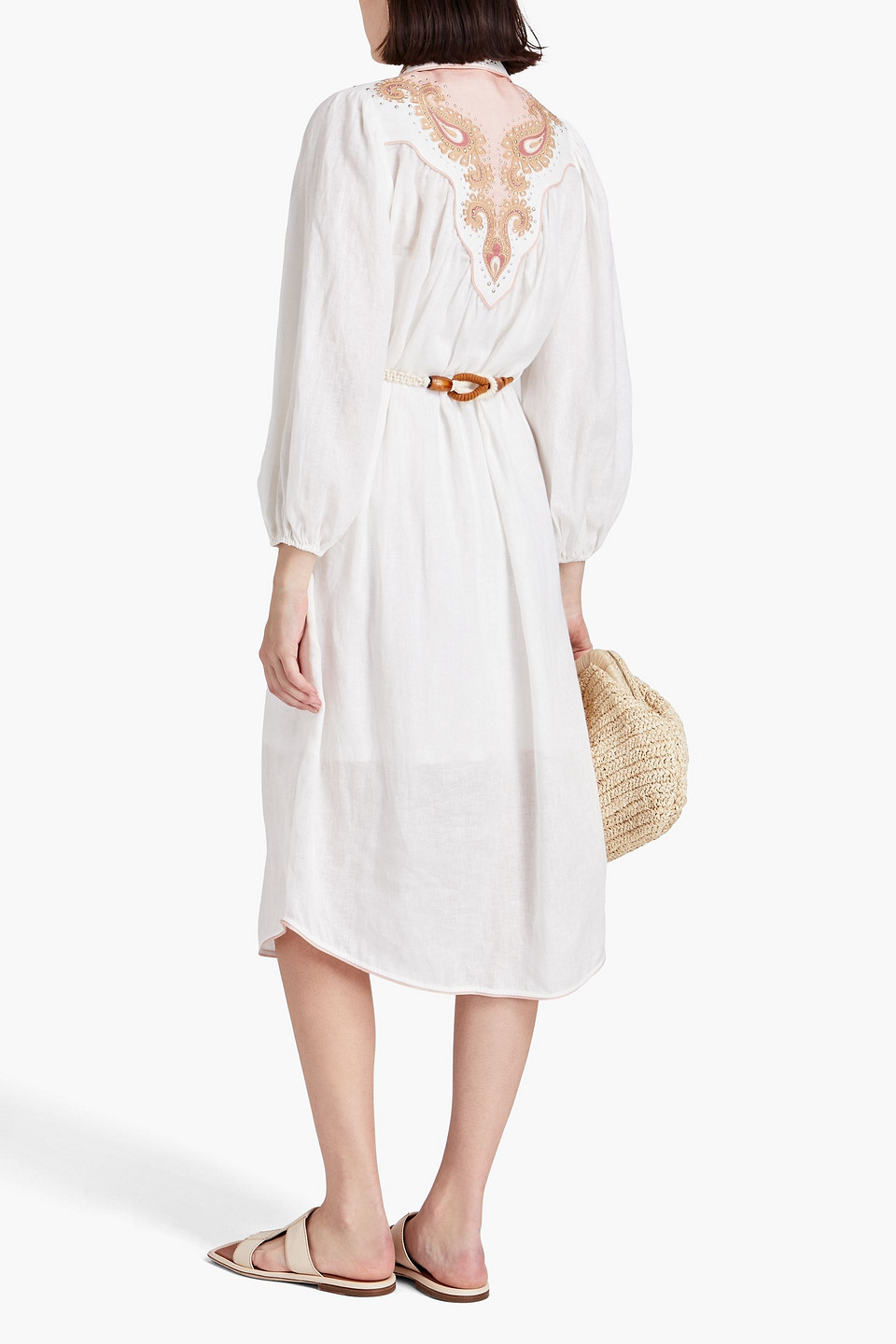 Shop Zimmermann Embellished Linen Midi Shirt Dress In White