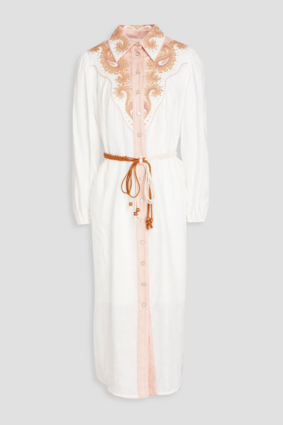 Shop Zimmermann Embellished Linen Midi Shirt Dress In White